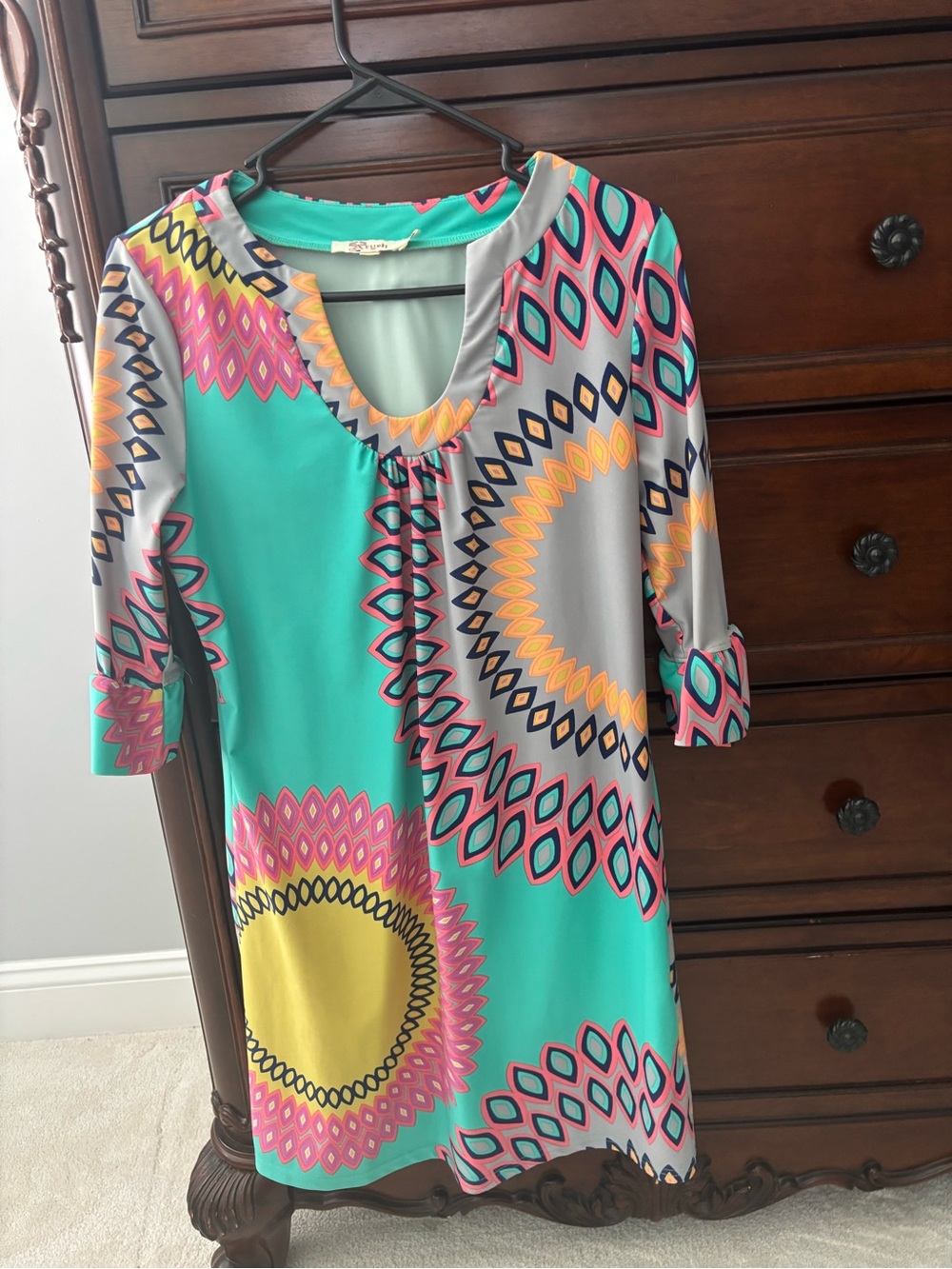 Aryeh Turquoise Multi-Print Shift Dress with Pink & Yellow Accents